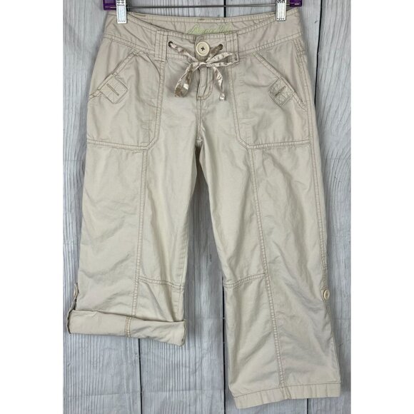 Aerapostale Size 1/2 Khaki Adjustable Length Capri Pants Button & Drawstring - Picture 2 of 8